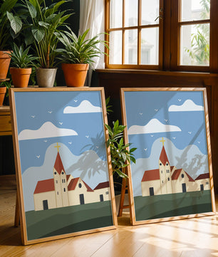 Idyllic Church Landscape with Golden Cross and Blue Sky
