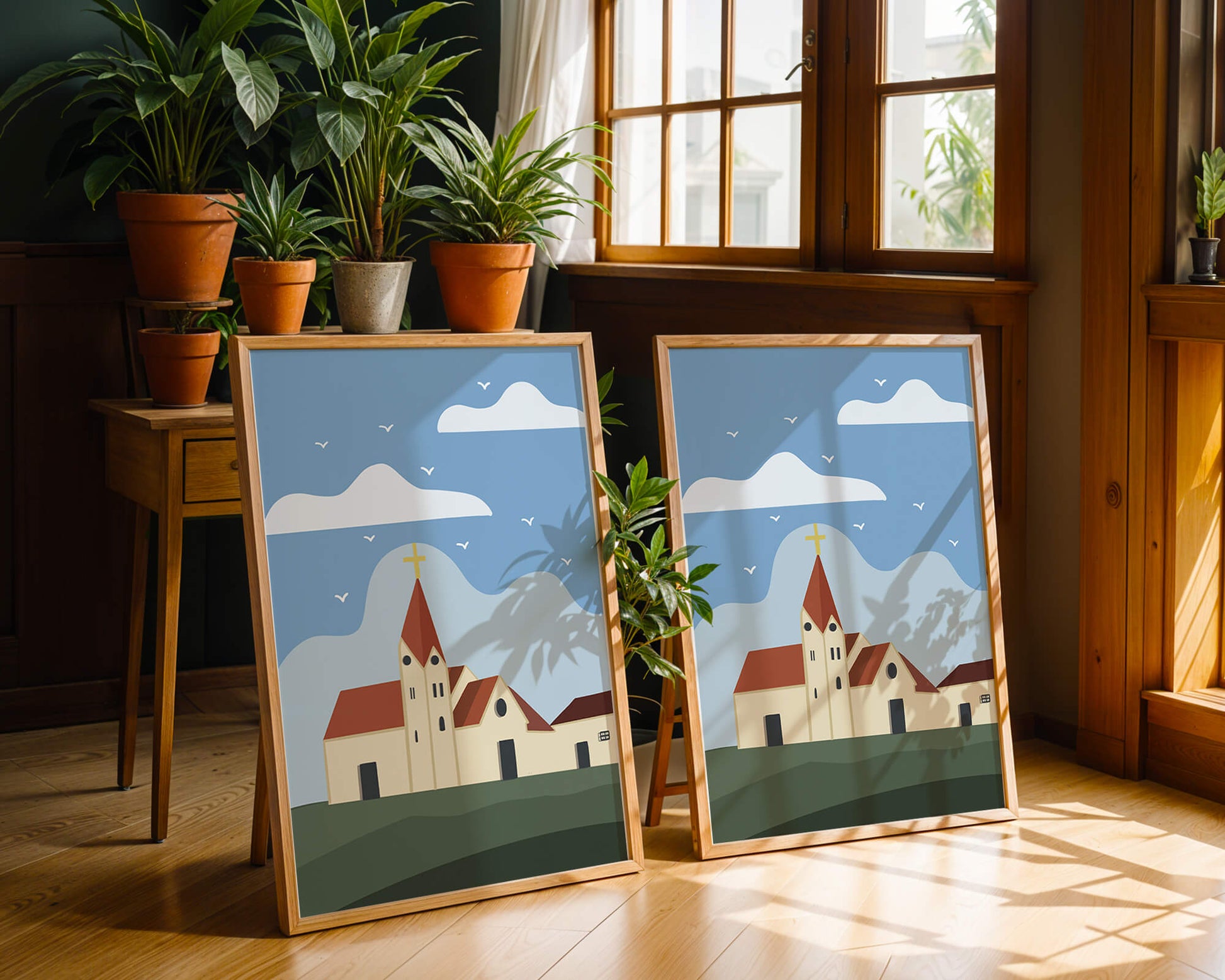 Paisaje idílico de iglesia con cruz dorada y cielo azul