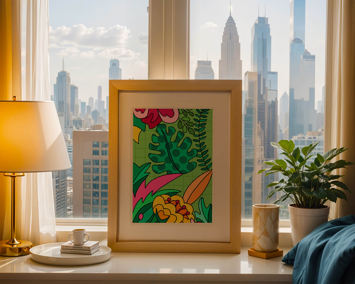 Colorful botanical illustration with vibrant tropical elements
