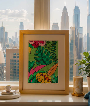 Colorful botanical illustration with vibrant tropical elements