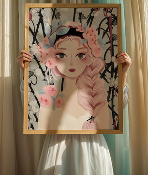 Illustration of a girl with floral headpiece against abstract floral background