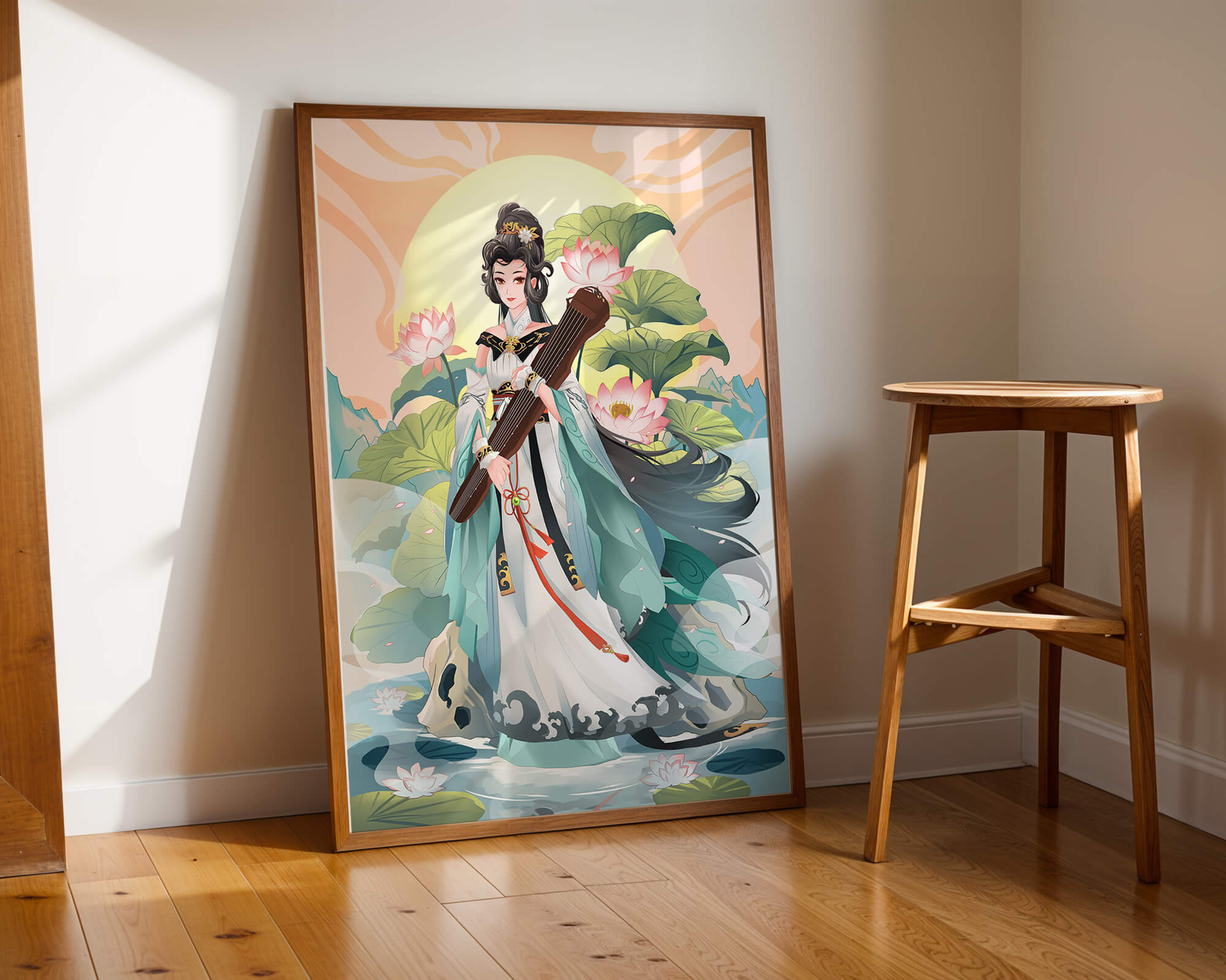 Elegant woman with traditional clothing and musical instrument in serene nature setting