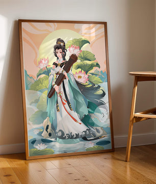 Elegant woman with traditional clothing and musical instrument in serene nature setting