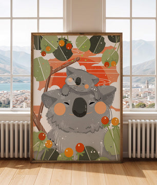 Koalas dans un cadre naturel vibrant aux tons orange et verts