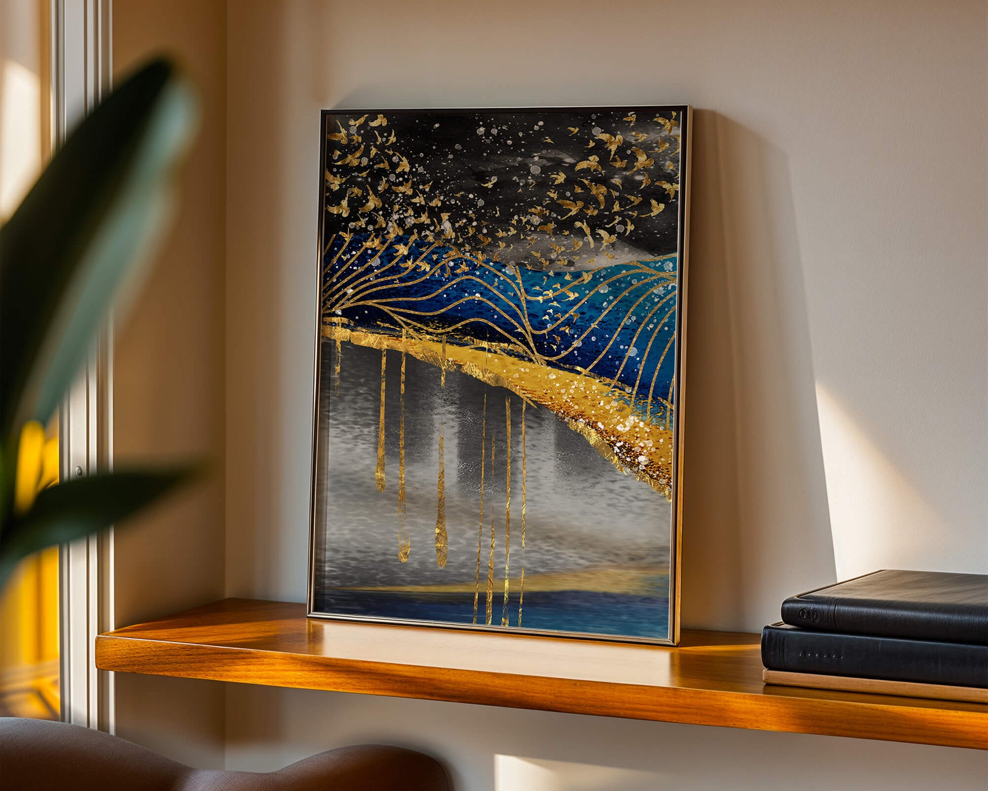 Abstract Night Sky With Golden Birds And Waves
