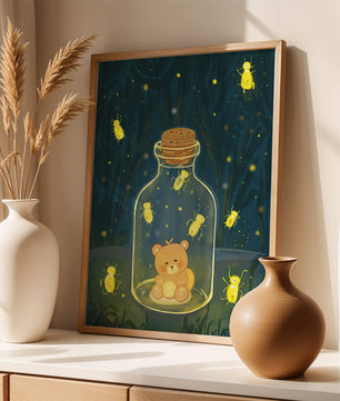 Charming teddy bear in a jar with glowing fireflies