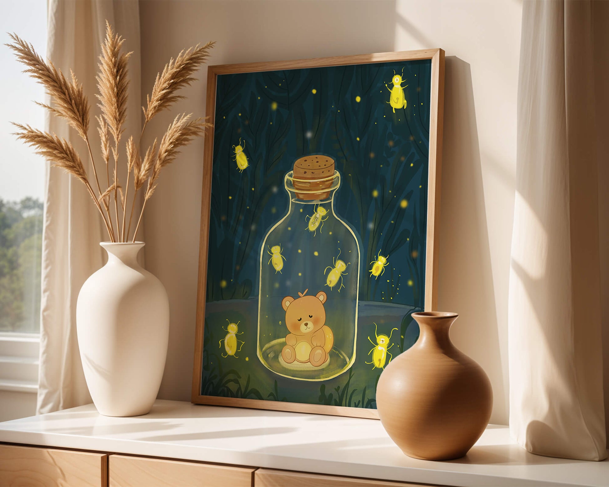 Charming teddy bear in a jar with glowing fireflies