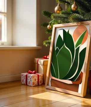 Ilustración contemporánea de una planta serpiente con fondo de amanecer