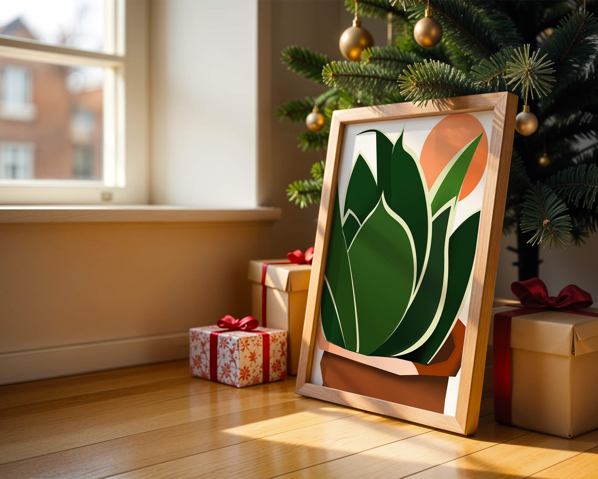 Ilustración contemporánea de una planta serpiente con fondo de amanecer