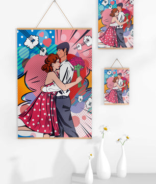 Pareja abrazándose en estilo pop art con un fondo colorido