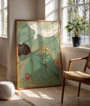Dreamy nature-inspired illustration with bird and plant elements