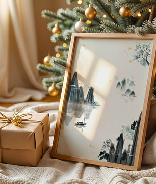 Serene watercolor landscape with mountains and river