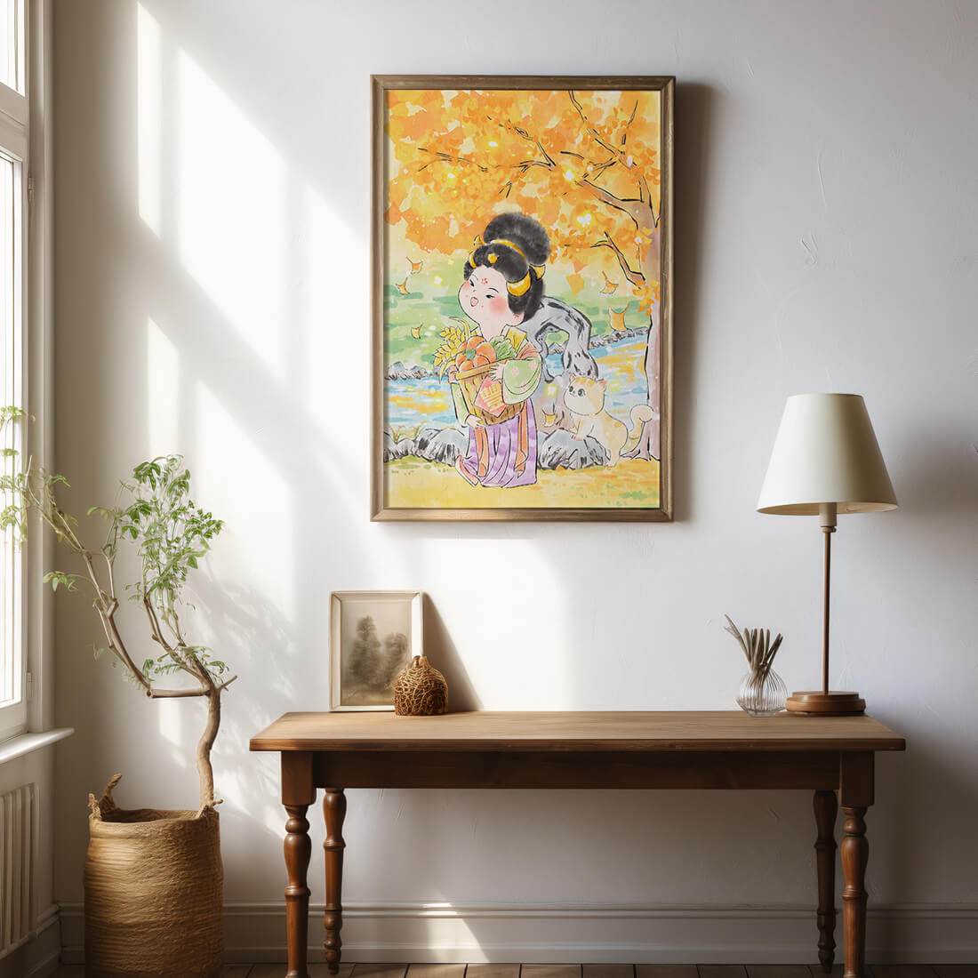 Charming watercolor scene of girl with basket in autumn setting