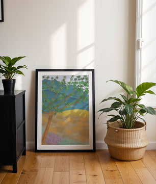 Paisaje pintoresco con árbol vibrante y fondo colorido