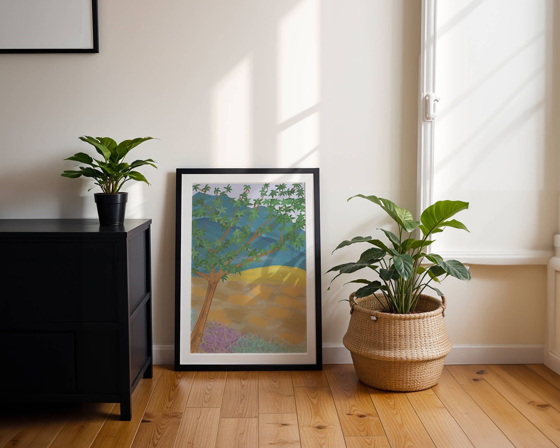 Paisaje pintoresco con árbol vibrante y fondo colorido