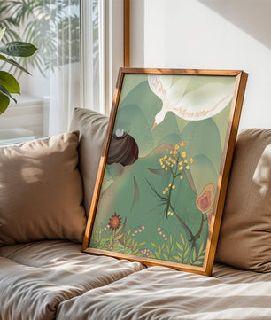 Dreamy nature-inspired illustration with bird and plant elements