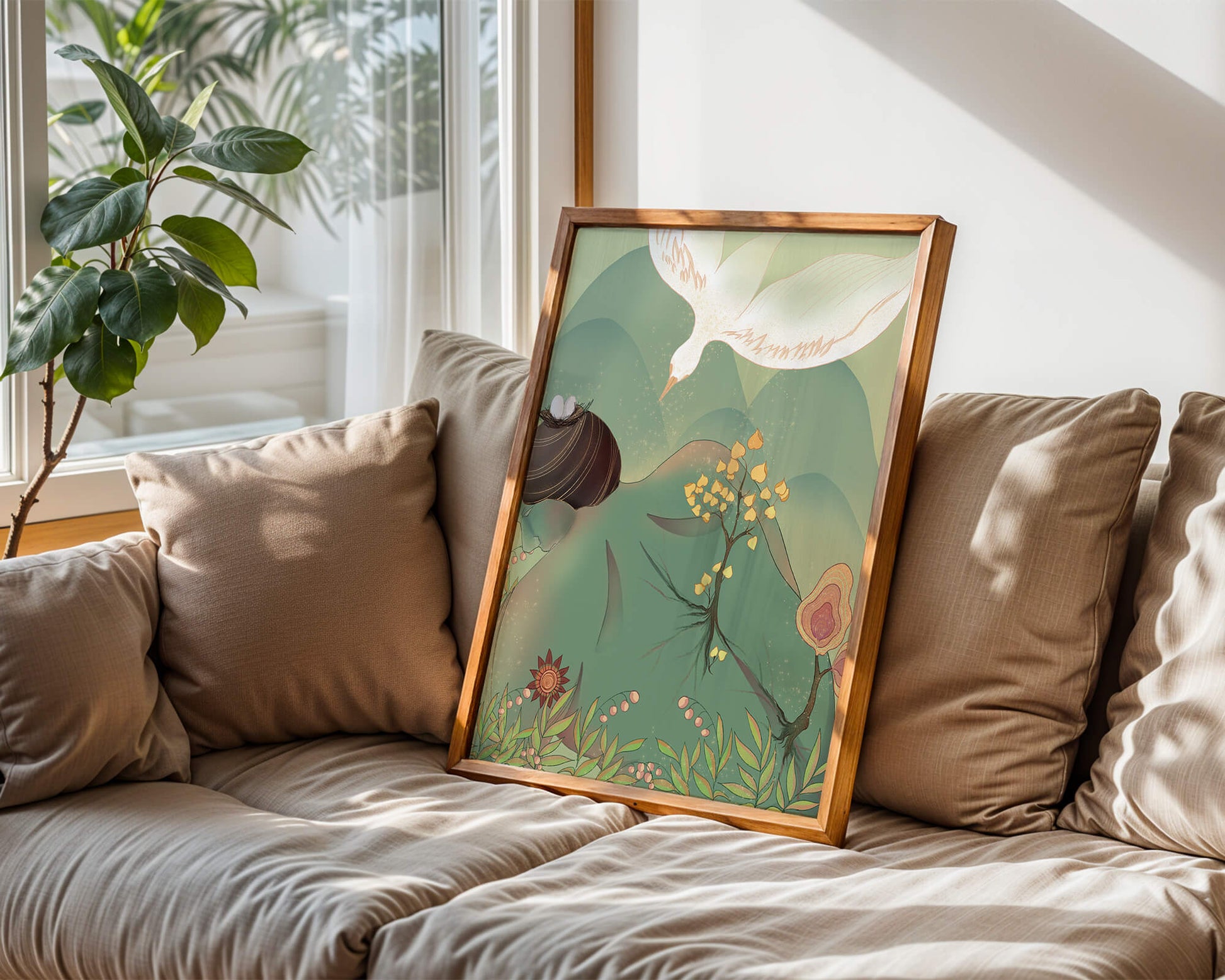 Dreamy nature-inspired illustration with bird and plant elements