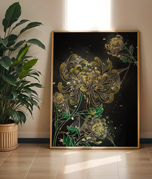 Œuvre élégante de chrysanthèmes dorés et verts sur fond sombre