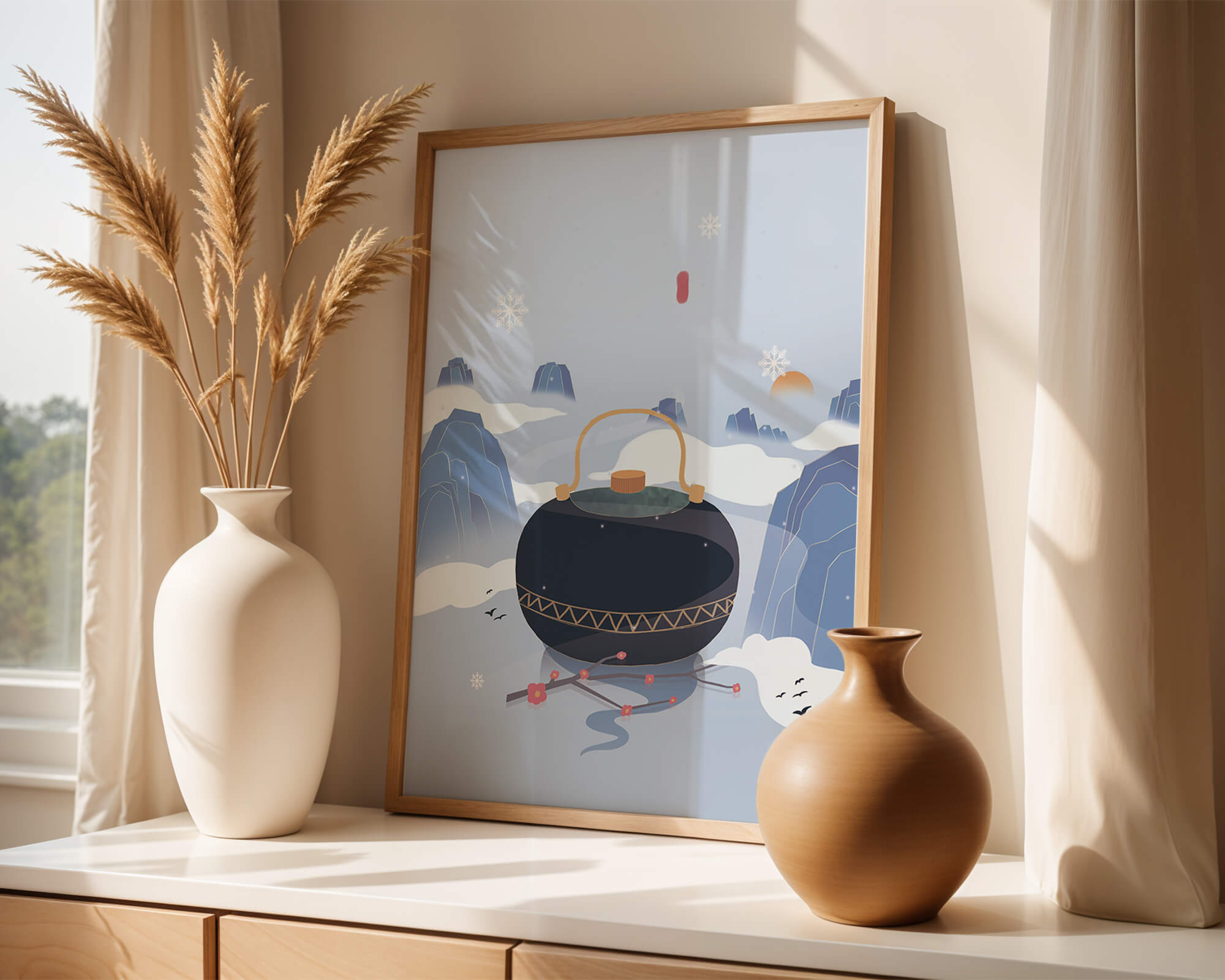 Peaceful winter landscape with kettle and cherry blossoms