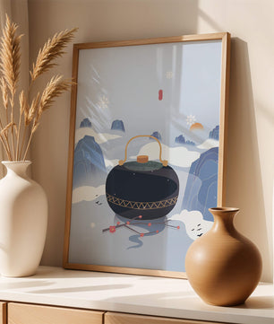 Peaceful winter landscape with kettle and cherry blossoms