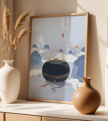 Peaceful winter landscape with kettle and cherry blossoms