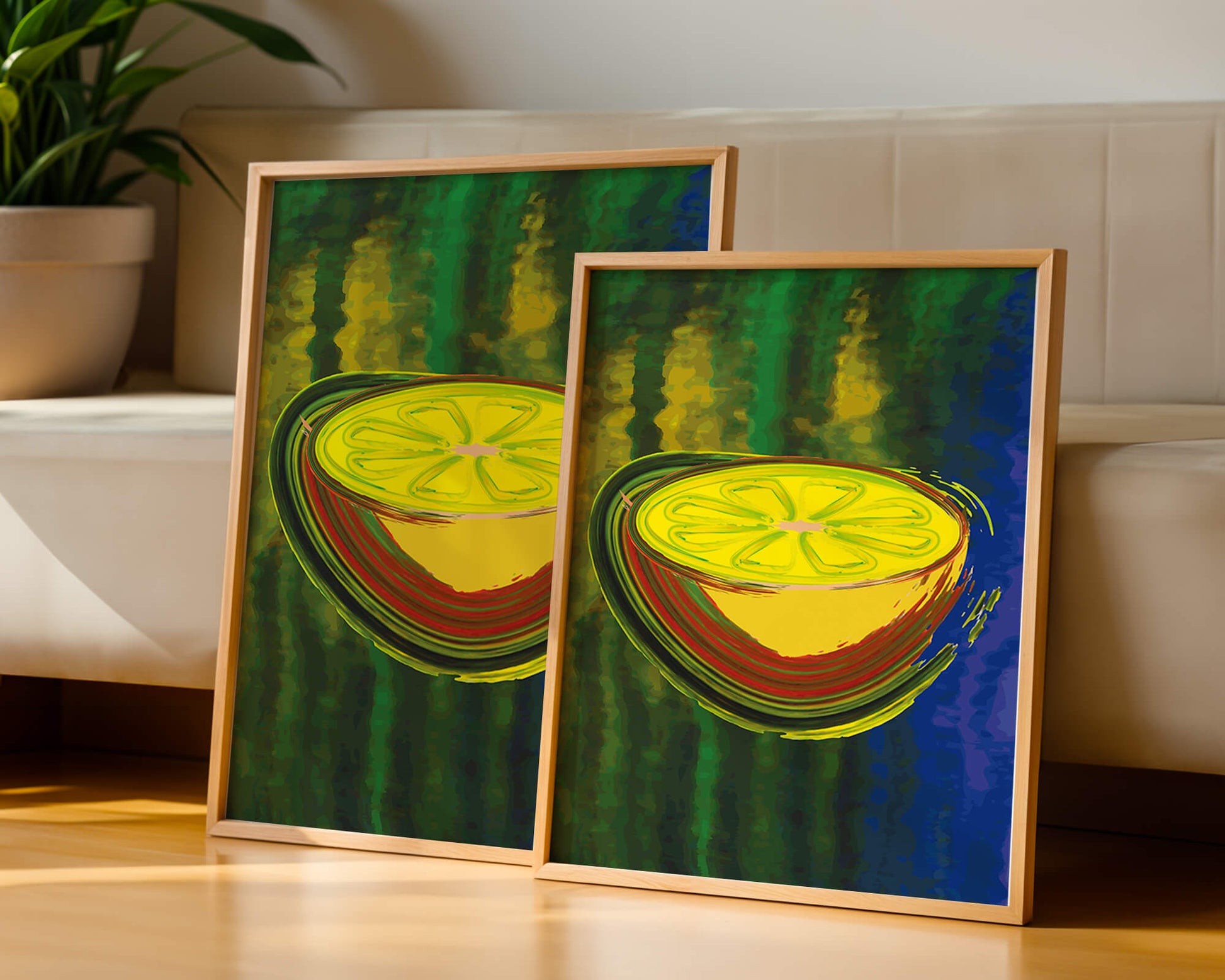 Vibrant abstract lemon slice with a colorful background