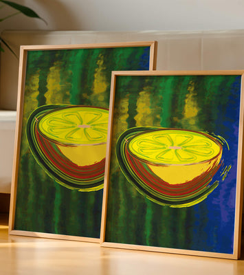 Vibrant abstract lemon slice with a colorful background