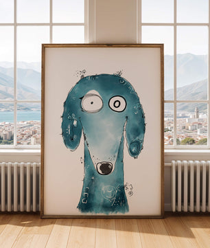 Illustration fantaisiste d’un chien bleu aux traits expressifs