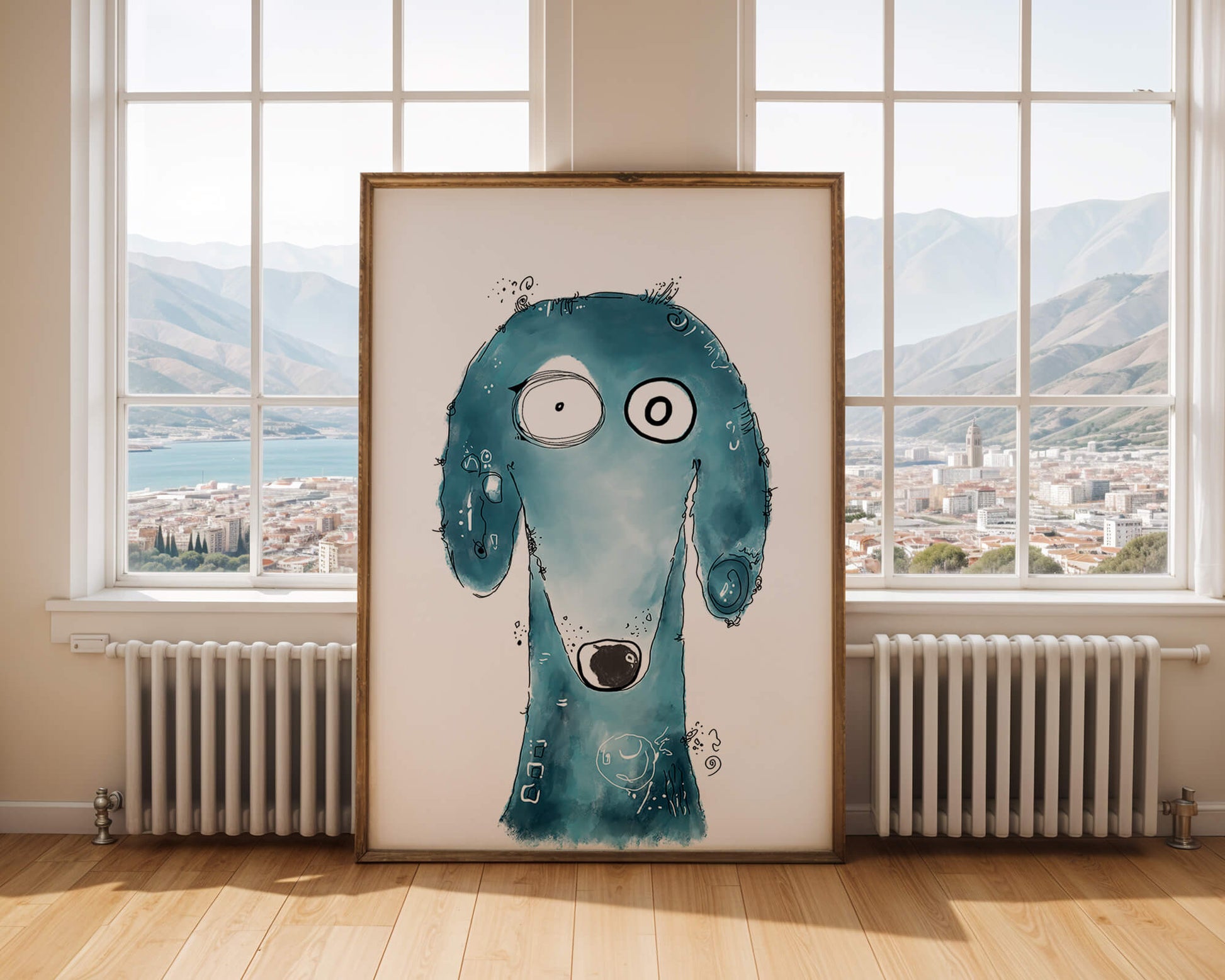 Whimsical blue dog illustration with expressive features