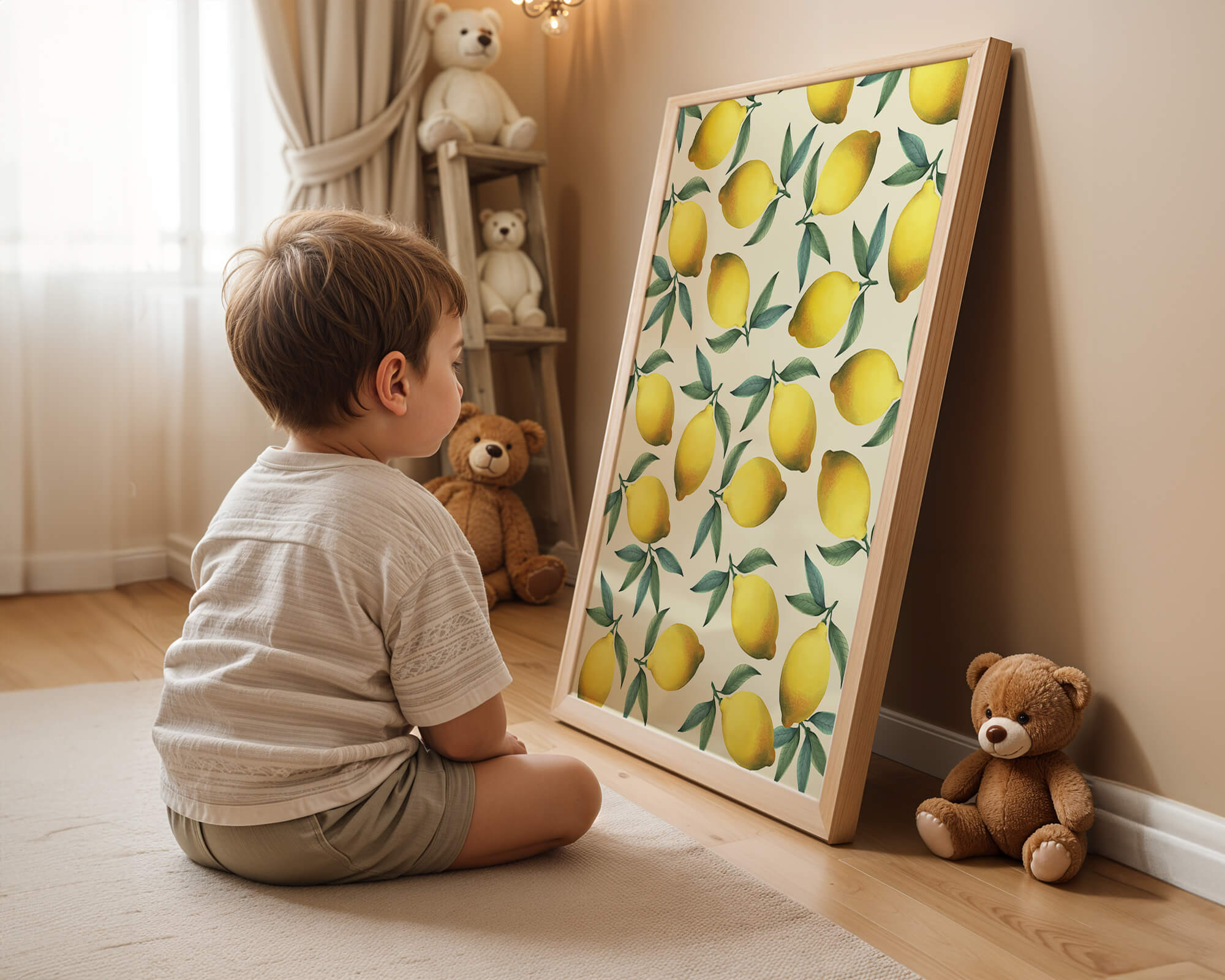 Vibrant lemon pattern with green leaves on a light background