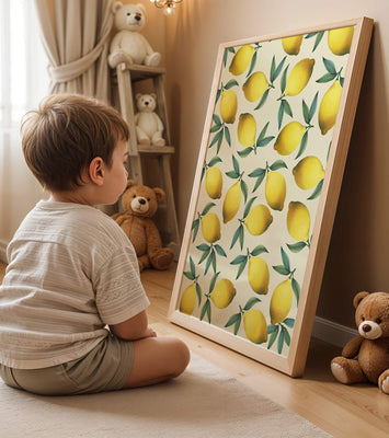 Vibrant lemon pattern with green leaves on a light background
