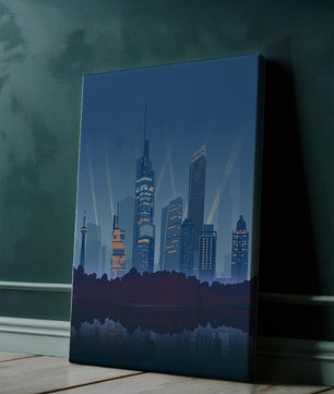 Paisaje urbano moderno con rascacielos iluminados reflejándose en el agua