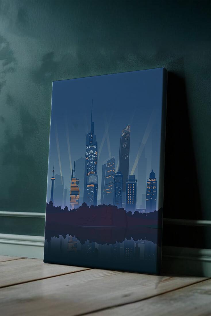 Modern cityscape with illuminated skyscrapers reflecting on water