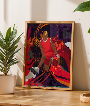 Ilustración dinámica de un jugador de baloncesto en movimiento con patrones abstractos