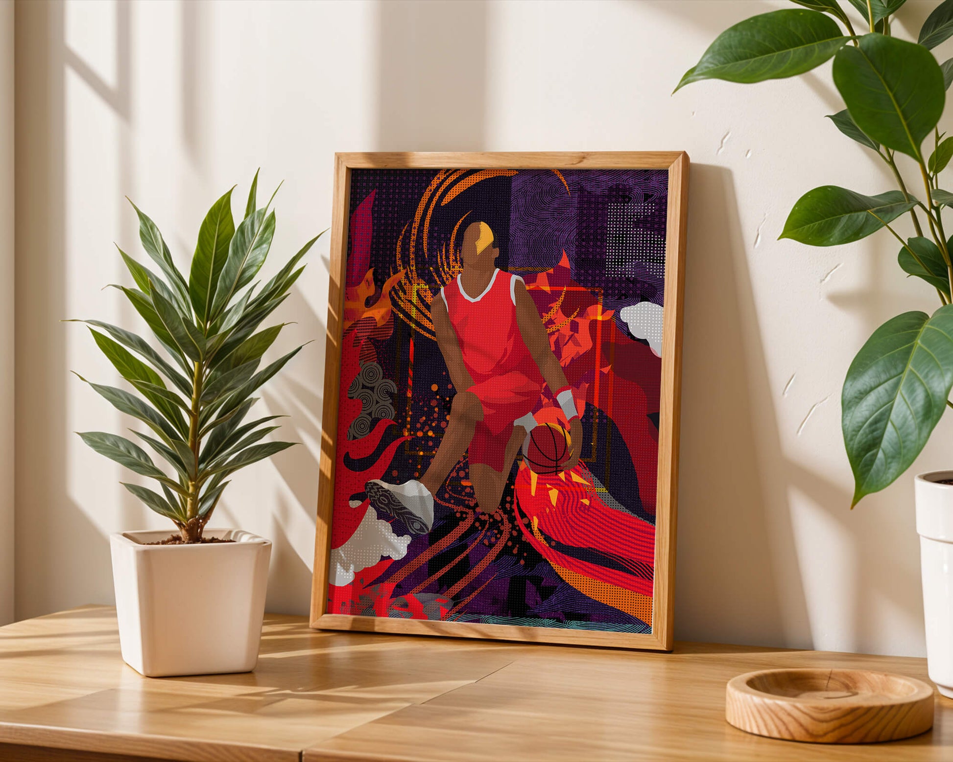 Dynamic illustration of a basketball player in motion with abstract patterns