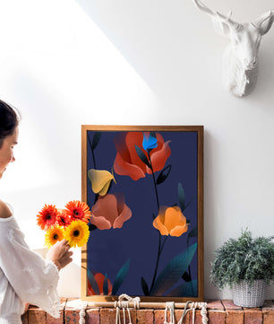 Abstract Floral Illustration with Colorful Flowers on Dark Background