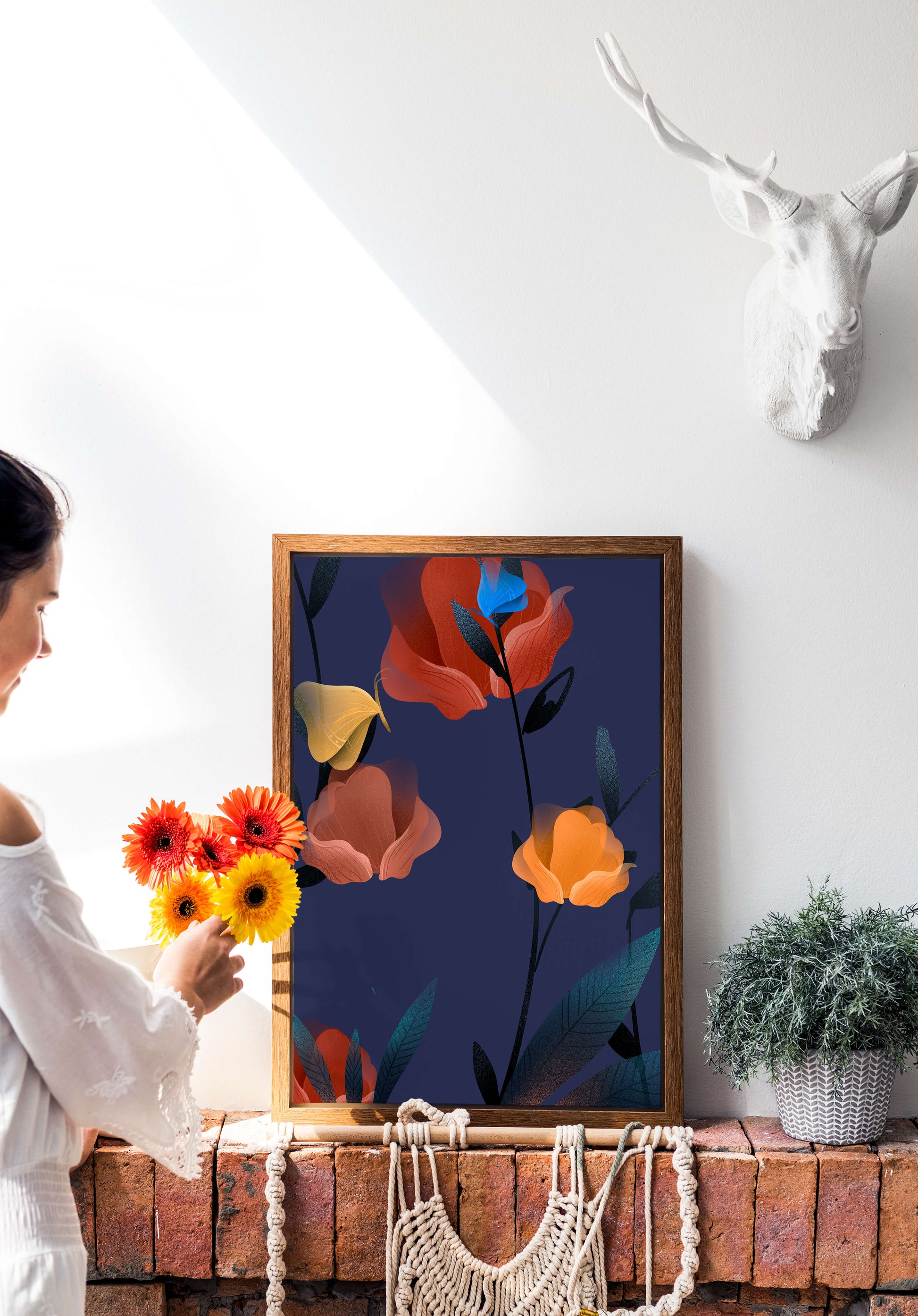 Abstract Floral Illustration with Colorful Flowers on Dark Background