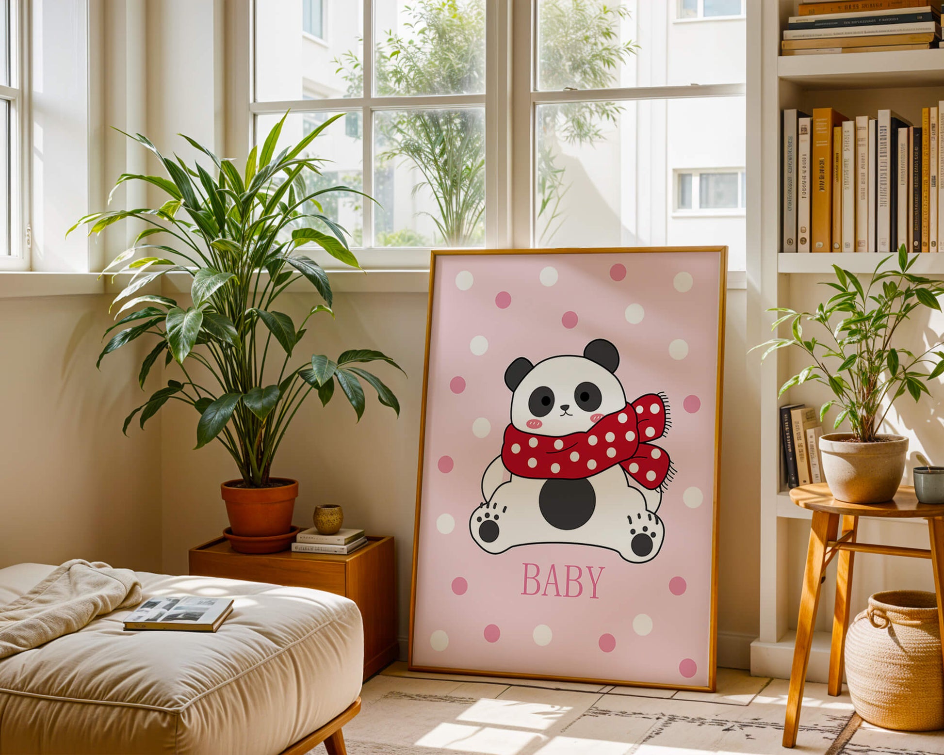 Cartoon panda with red scarf on pink polka dot background