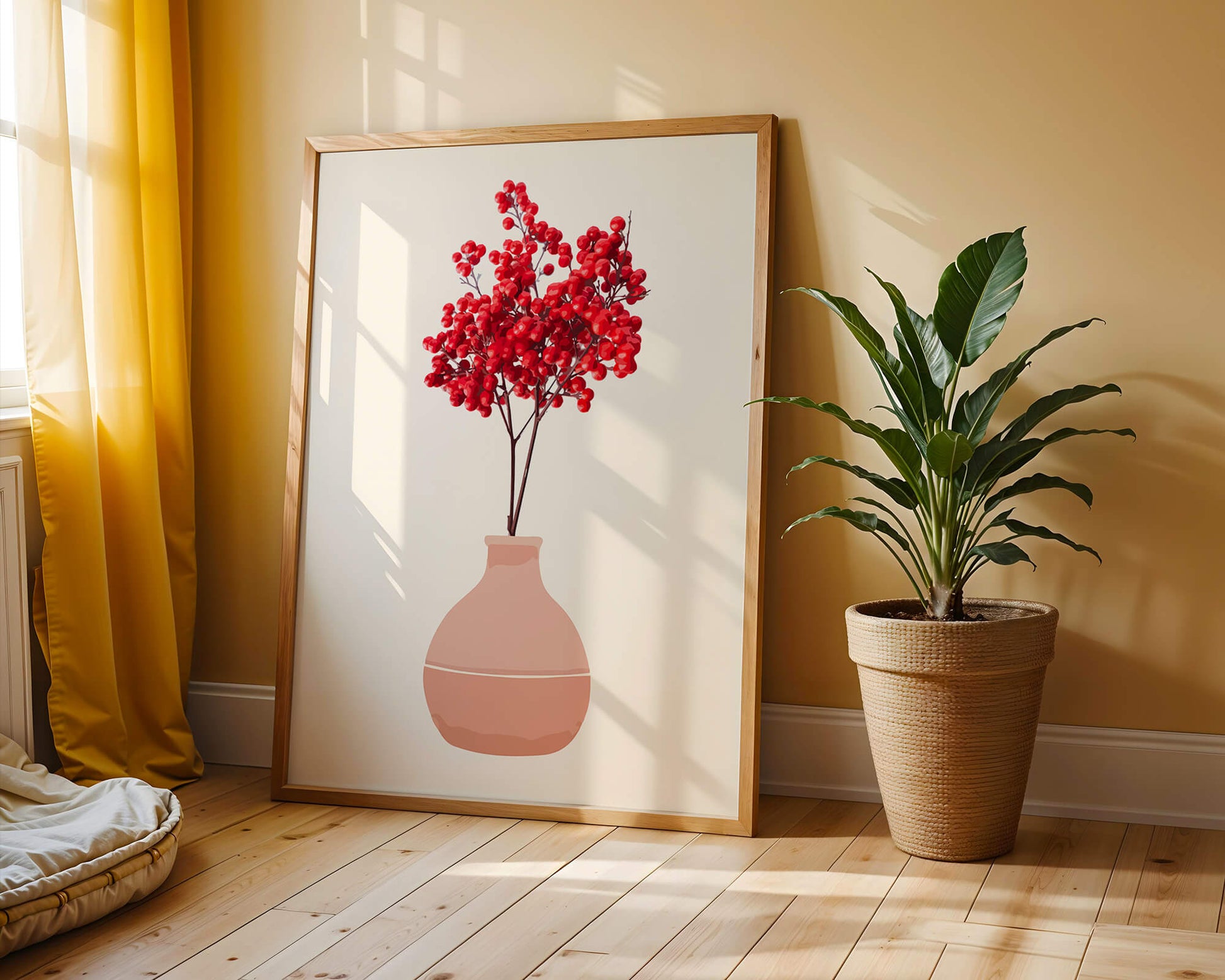 Red berries in minimalist clay vase on neutral background