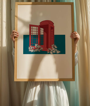A Pink Phone Booth Surrounded by Flowers on a Teal Background