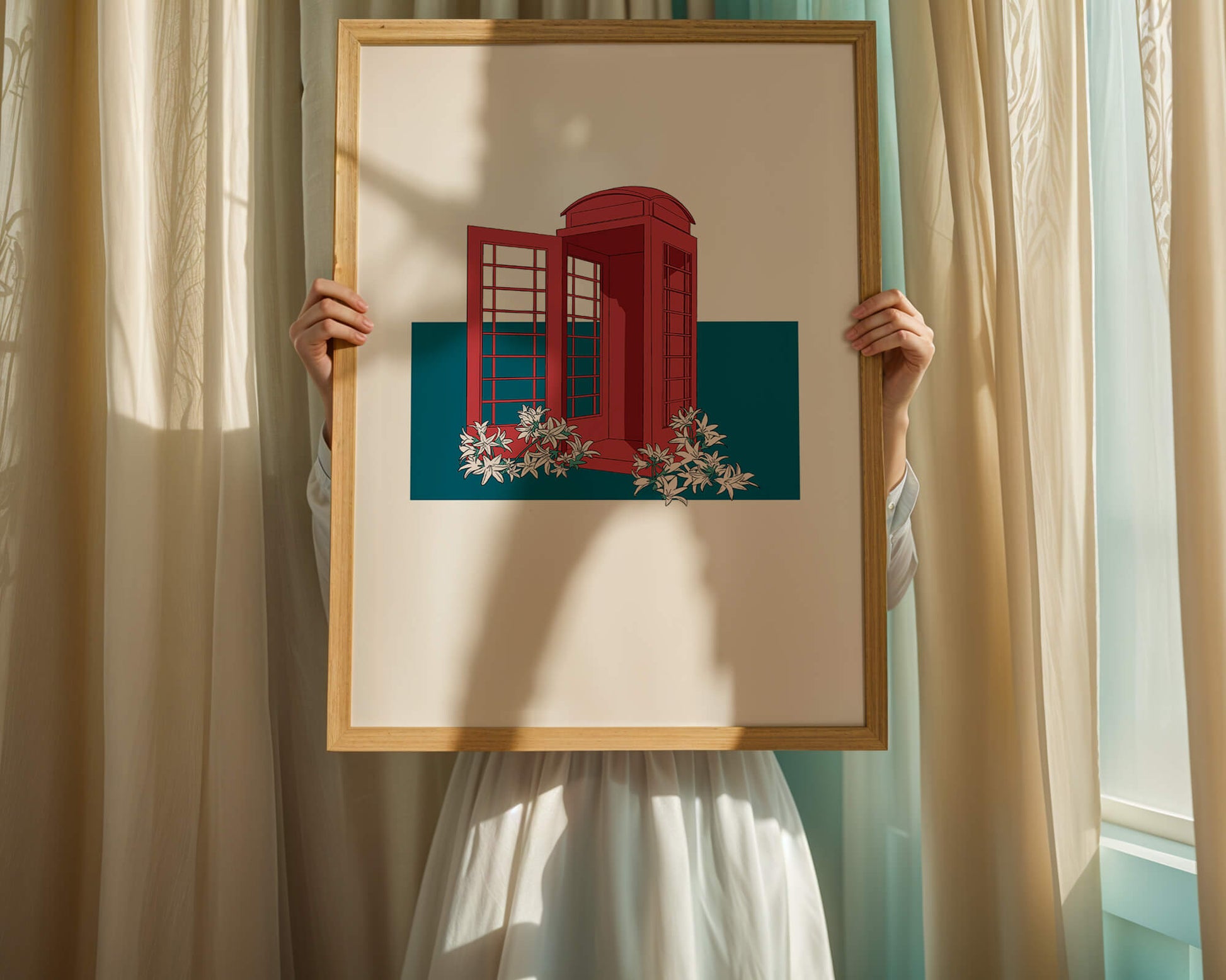 A Pink Phone Booth Surrounded by Flowers on a Teal Background