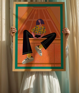 Stylish woman sitting in a vibrant geometric setting