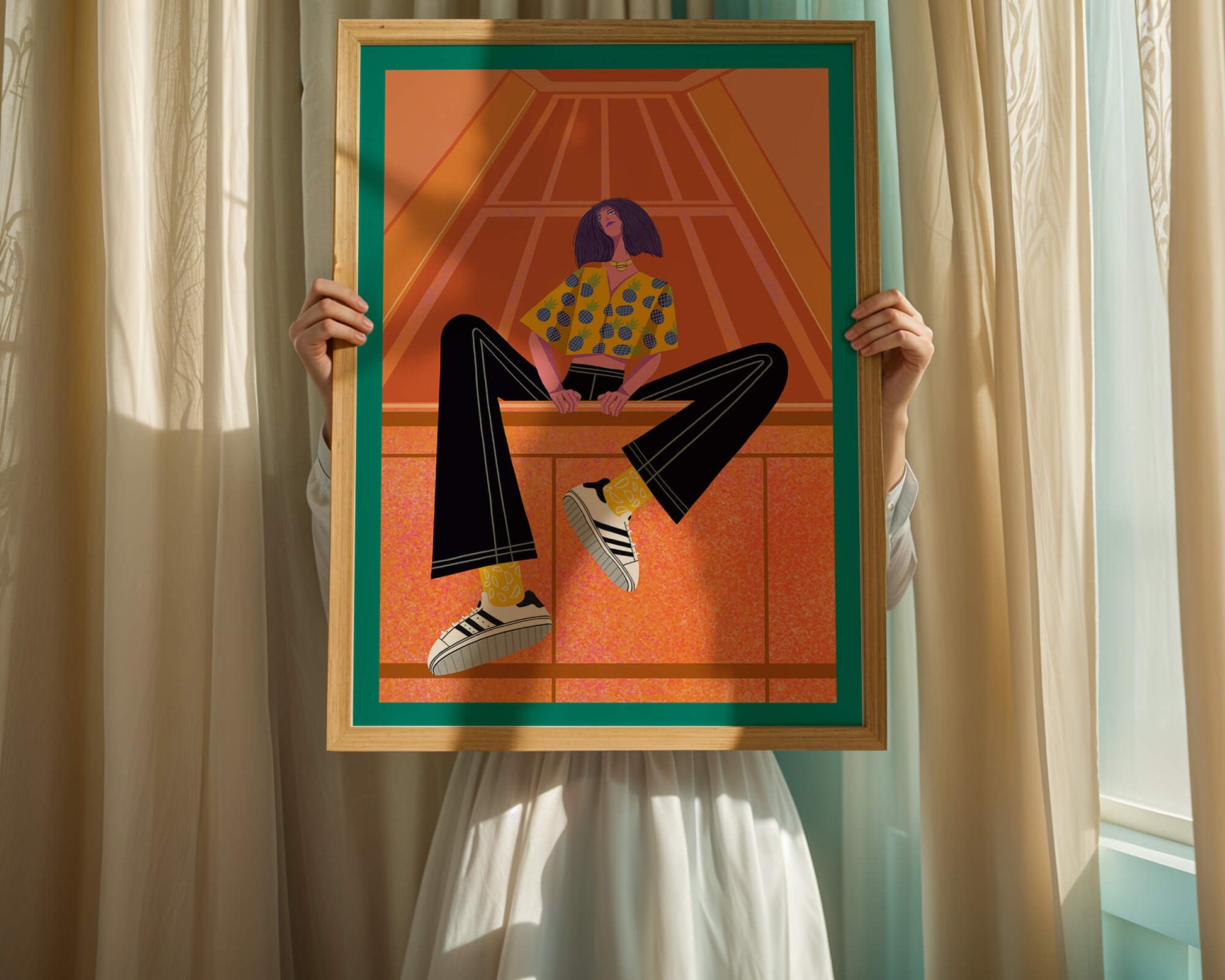 Stylish woman sitting in a vibrant geometric setting