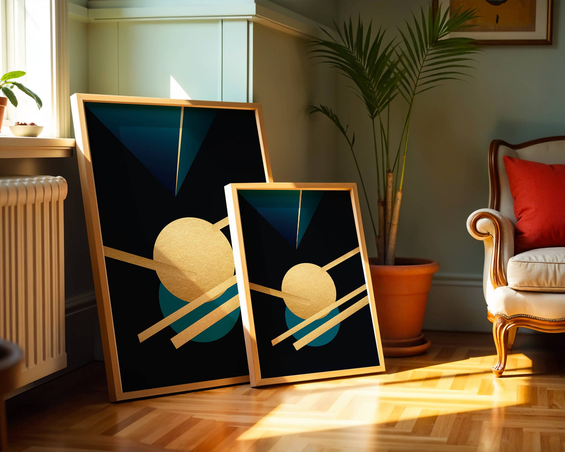 Abstract Geometric Composition with Gold and Blue Elements