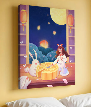 Moonlit Night with Lanterns and Tea Ceremony Featuring Rabbits and Mooncakes