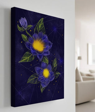 Floral Art with Blue and Yellow Lotus Design on Starry Background