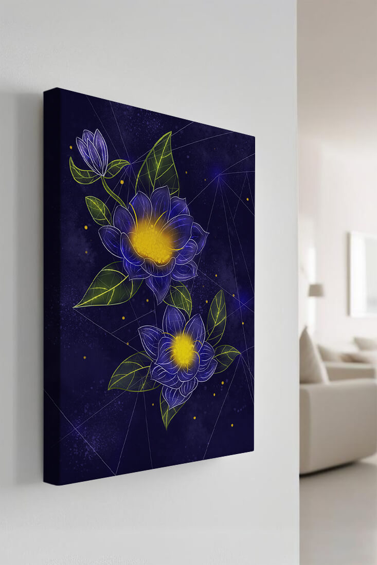 Floral Art with Blue and Yellow Lotus Design on Starry Background