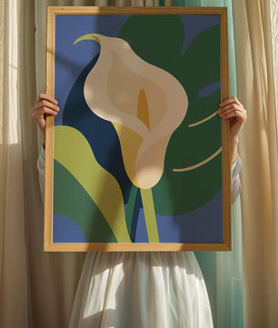 Ilustración floral abstracta con fondo verde y azul