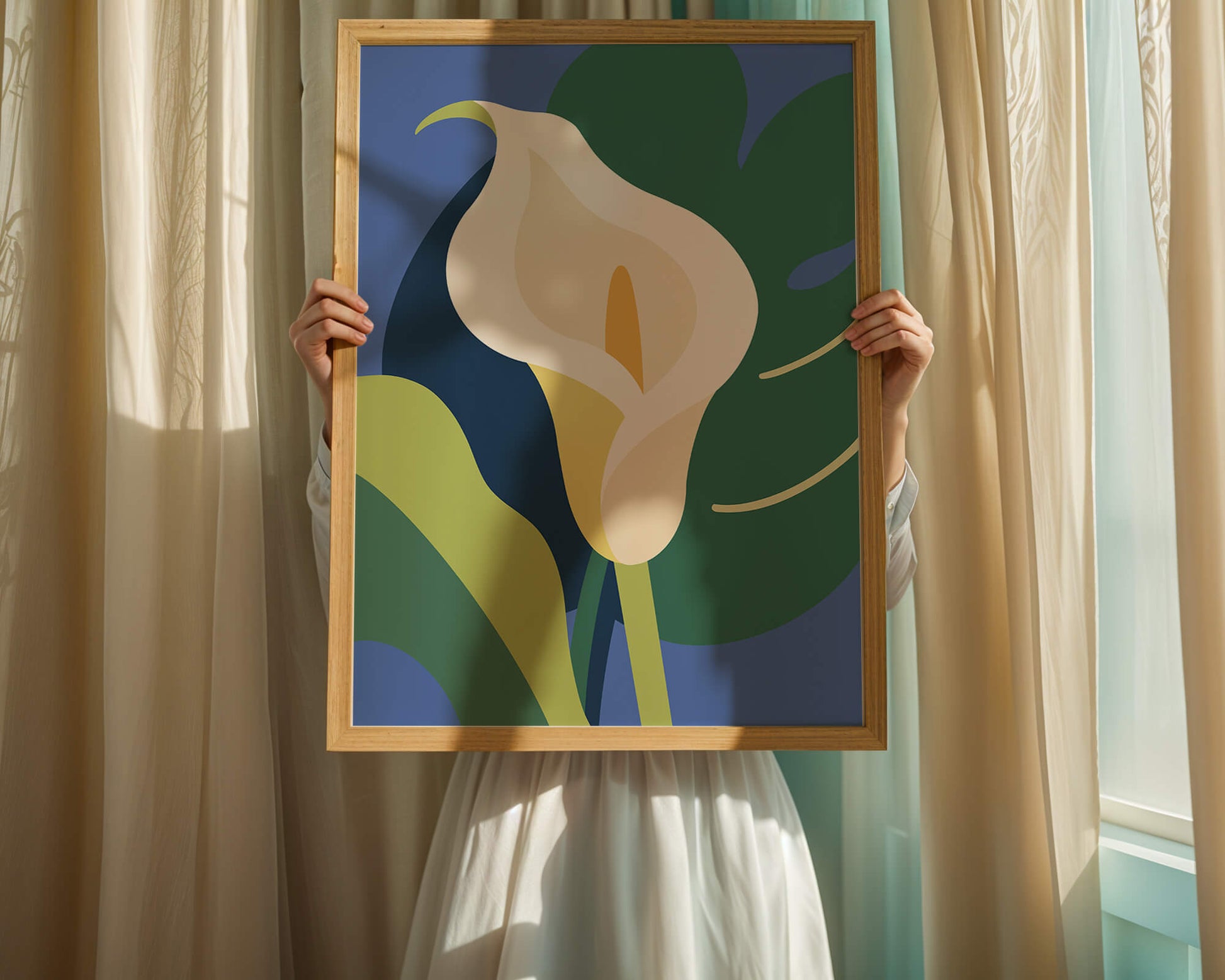 Ilustración floral abstracta con fondo verde y azul