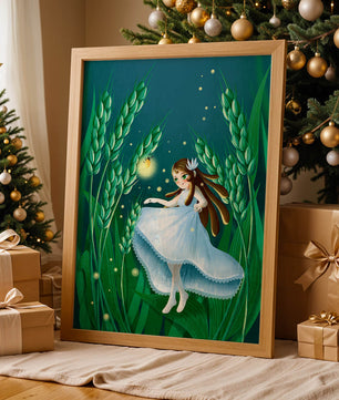 Enchanting fairy in magical wheat field at night